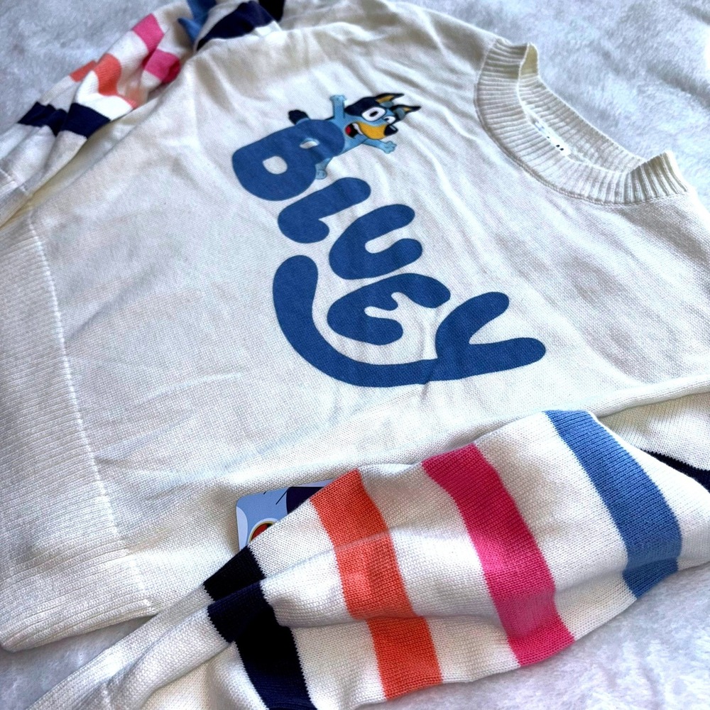Bluey Kids White Striped Sleeve Graphic Knit Pullover Sweater